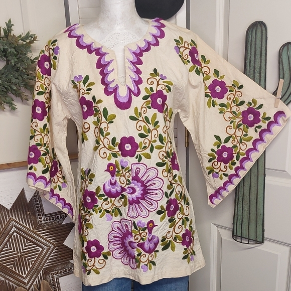 Vintage Dresses & Skirts - Vintage 70s Peacock Tunic, Purple, Angel Wing, Hippie, Boho
